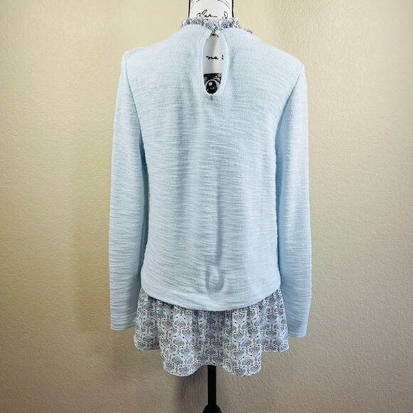 Loft Women's Size Medium Mosaic Boucle Mixed Media Sweatshirt Blue boho - Picture 7 of 13